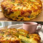 Romige Aardappel Casserole uit de oven met goudbruine bovenkant en groenten.