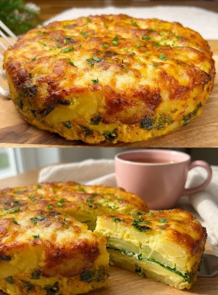 Romige Aardappel Casserole uit de oven met goudbruine bovenkant en groenten.