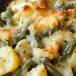 Aardappelschotel met kaasmengsel en groene bonen op een bord.
