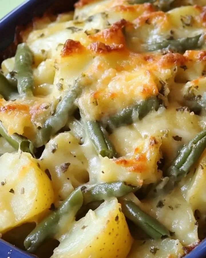 Aardappelschotel met kaasmengsel en groene bonen op een bord.