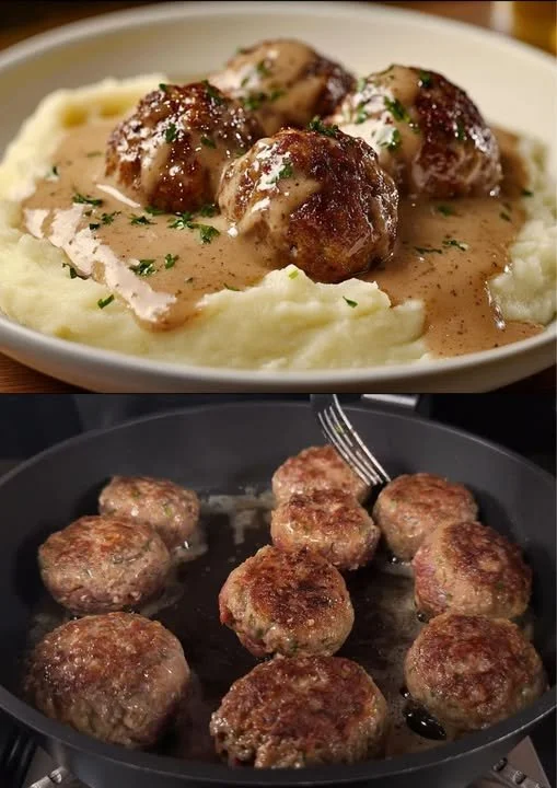Balletjes met dille saus geserveerd met romige aardappelpuree