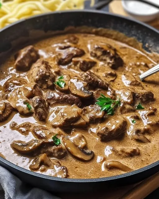 Een heerlijke serveerplaat met Beef Stroganoff, geserveerd met pasta en garnituren.