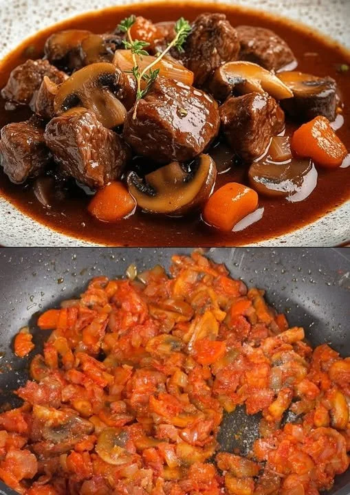 Biefstuk geserveerd met romige rode saus op een bord