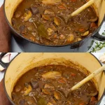 Een bord boeuf bourguignon, een smakelijke Franse stoofpot van rundvlees.