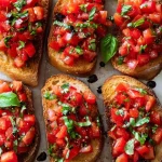 Heerlijke bruschetta met tomaten en basilicum op een houten snijplank