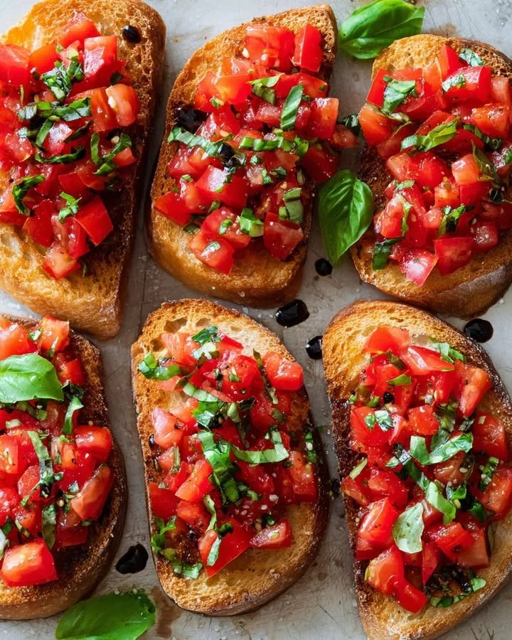 Heerlijke bruschetta met tomaten en basilicum op een houten snijplank