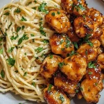 Eenvoudig romige spaghetti met honing-knoflook kip op een mooi opgemaakt bord
