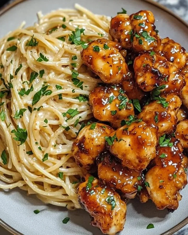Eenvoudig romige spaghetti met honing-knoflook kip op een mooi opgemaakt bord