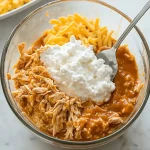 Eiwitrijke Buffalo Chicken Dip gemaakt met cottage cheese in een schaaltje