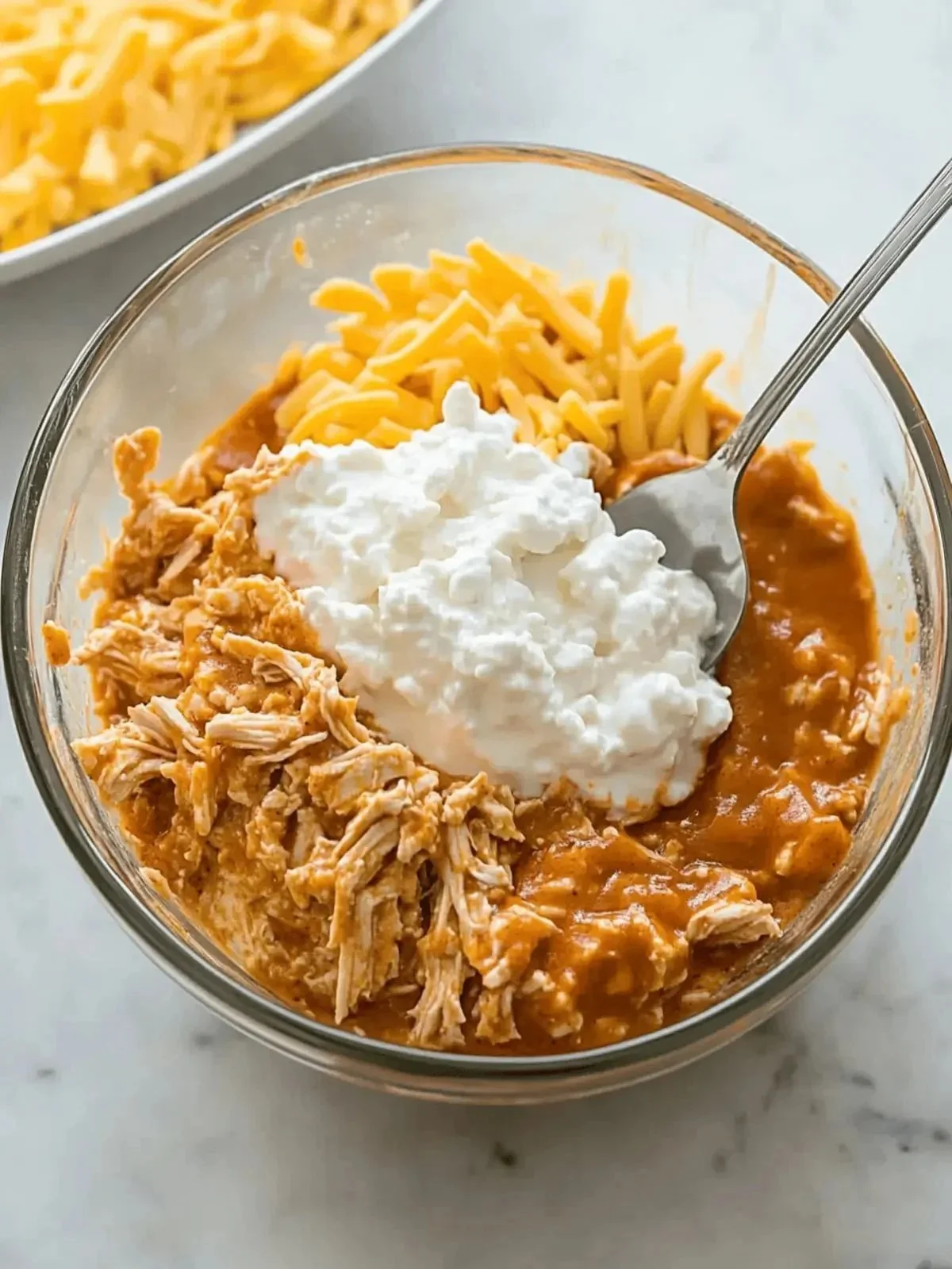 Eiwitrijke Buffalo Chicken Dip gemaakt met cottage cheese in een schaaltje