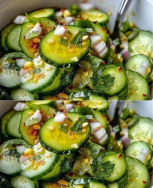 Frisse zomerse komkommersalade met groenten en dressing