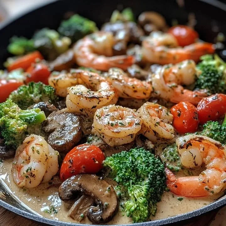 Garnalen en rundvlees in romige saus op een bord
