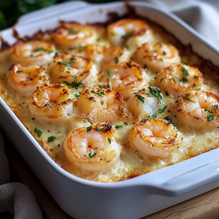 Heerlijke Garnalen Gratin met kaas en kruiden, perfect voor feestelijke gelegenheden.