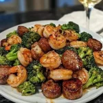Garnalen met honing, knoflook, worst en broccoli gerecht