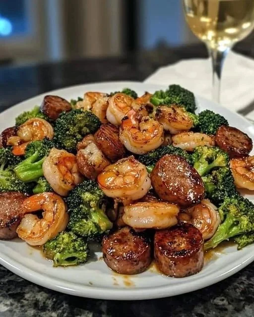 Garnalen met honing, knoflook, worst en broccoli gerecht