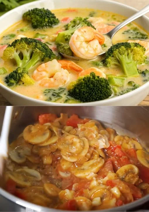 Garnalensoep met broccoli in een kom, eenvoudig en smakelijk recept