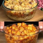 Gebaakte aardappelcasserole met gemengd vlees in een ovenschotel.