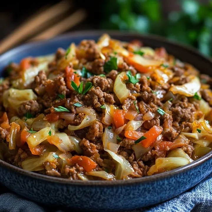 Geroerbakte kool met gehakt geserveerd op een bord