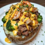 Gevulde aardappel met steak, garnalen, broccoli en kaassaus op een bord.