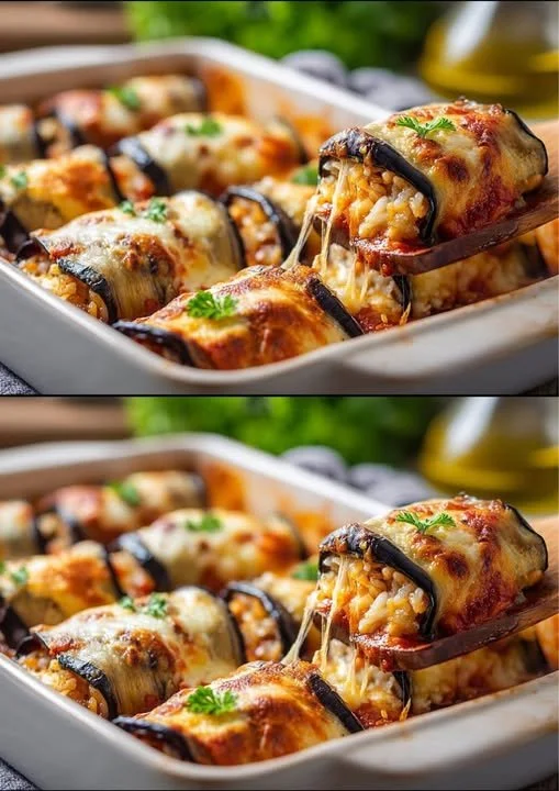 Gevulde aubergines met worst en rijst, een smakelijk recept.