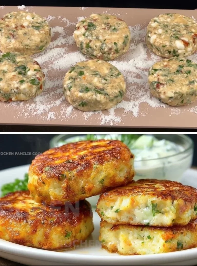 Hüttenkäseburgertjes met spinazie en kersentomaten op een bord