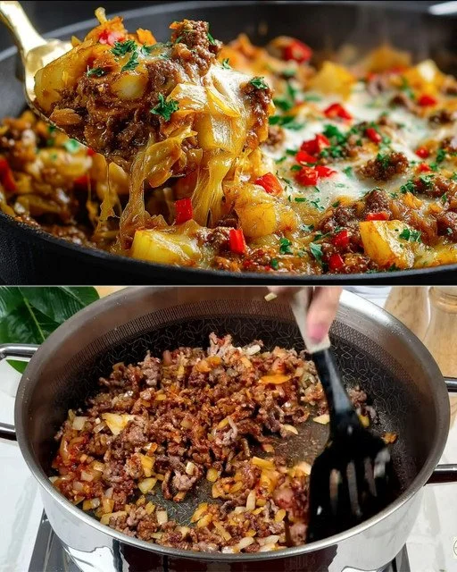 Kaasachtig rundvlees met koolgerecht op een bord