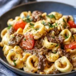 Kaasachtige tortellini met steak fiesta op een bord, geserveerd met verse kruiden.