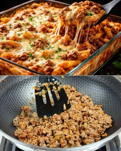 Kaasrijke gehakt pastaschotel, snel en eenvoudig te maken, ideaal voor een doordeweekse maaltijd.