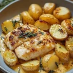 Kabeljauw met romige rozemarijn-citroensaus en Yukon-aardappelen op een bord.