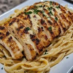 Kip Alfredo met knoflook en boter op een bord, klaar om te serveren.