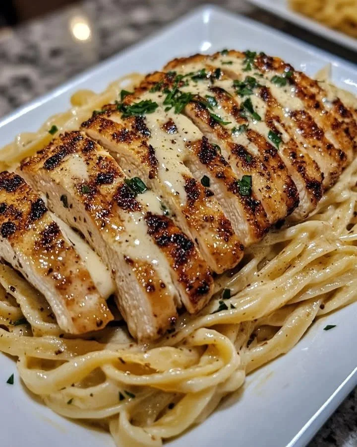 Kip Alfredo met knoflook en boter op een bord, klaar om te serveren.