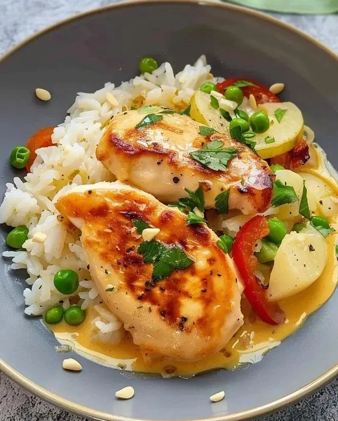 Kip met rijst in romige saus bereid in een Instant Pot