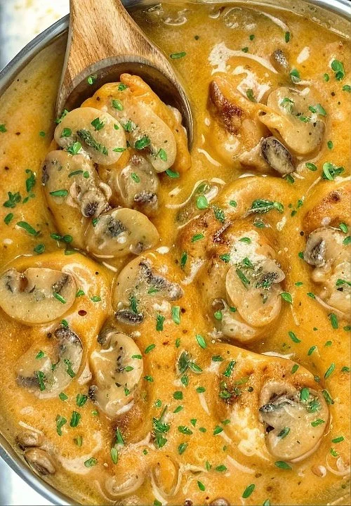 Een bord Kip Stroganoff met malse kip en romige saus