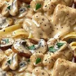 Een bord met Kip Stroganoff, geserveerd met romige saus en paddenstoelen.