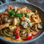 Kip Stroganoff met Paprika op een bord, geserveerd met rijst.