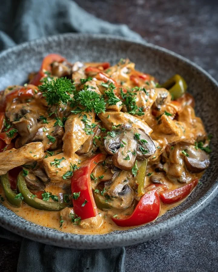 Kip Stroganoff met Paprika op een bord, geserveerd met rijst.