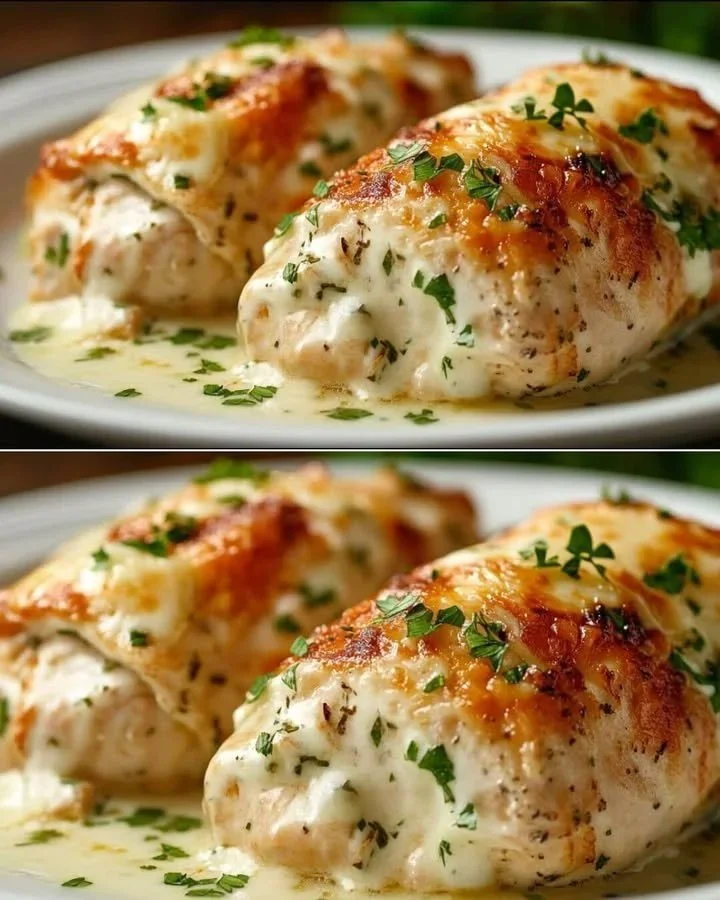 Kipfilets gevuld met romige knoflook en kaas, klaar om te serveren.