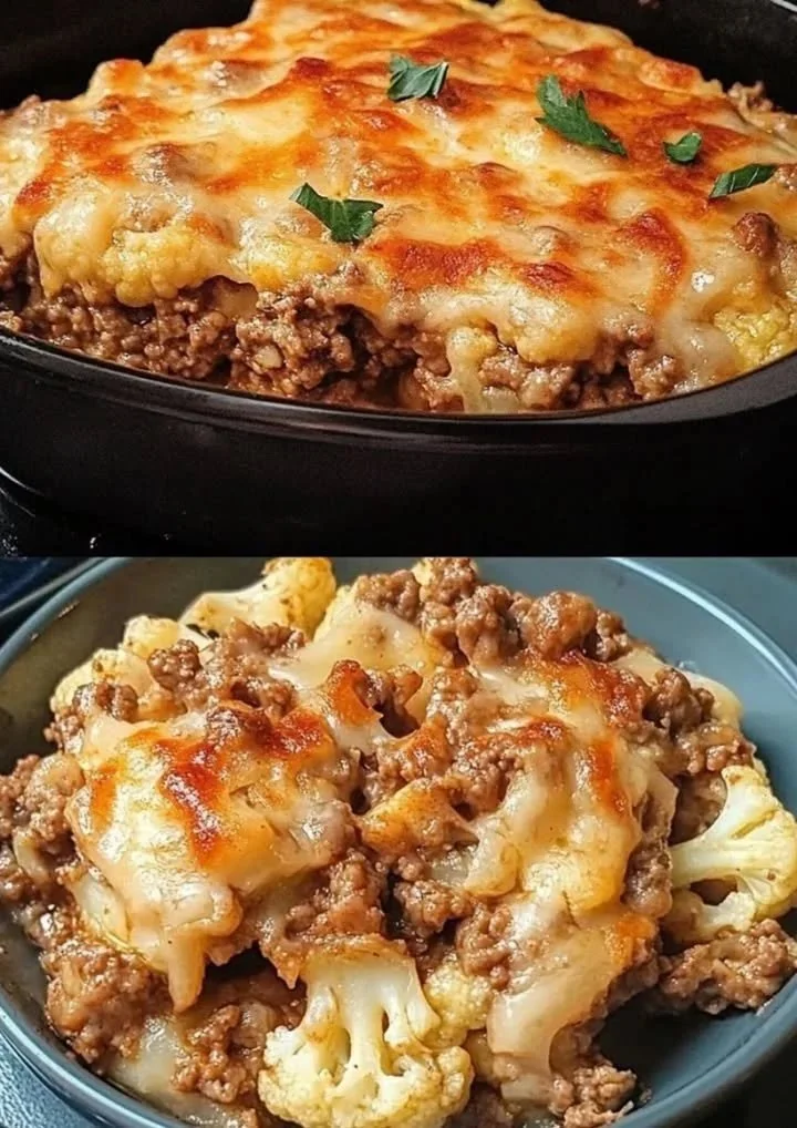 Ovenschotel met bloemkool en gehakt op een bord geserveerd