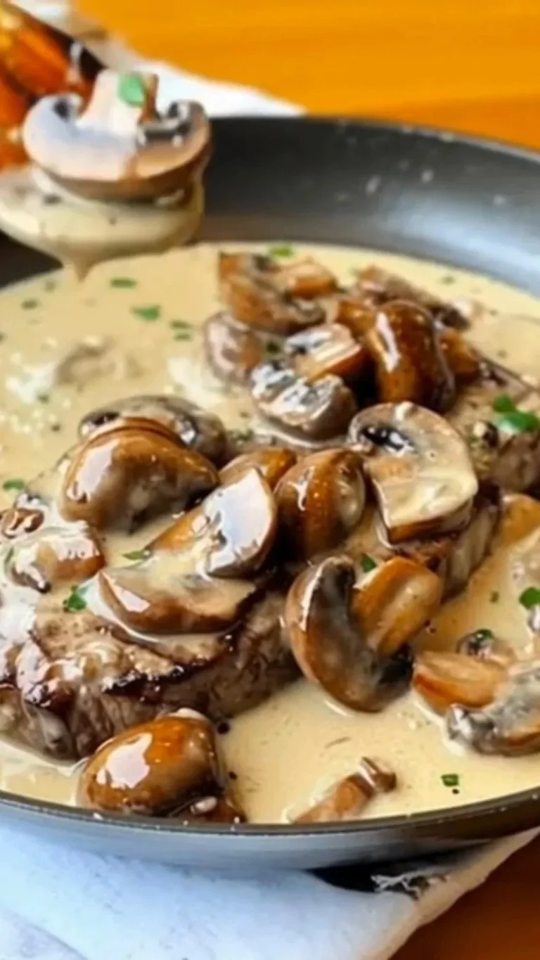 Romige filet mignon met Boursin en champignons op een bord.