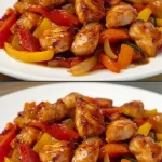 Sappige kip in tomatensaus met kleurrijke groenten op een bord