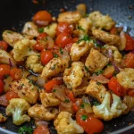 Snel bloemkool met kipfilet in romige kaassaus op een bord