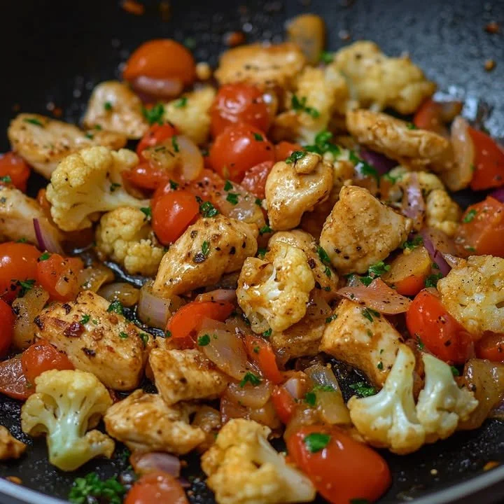 Snel bloemkool met kipfilet in romige kaassaus op een bord