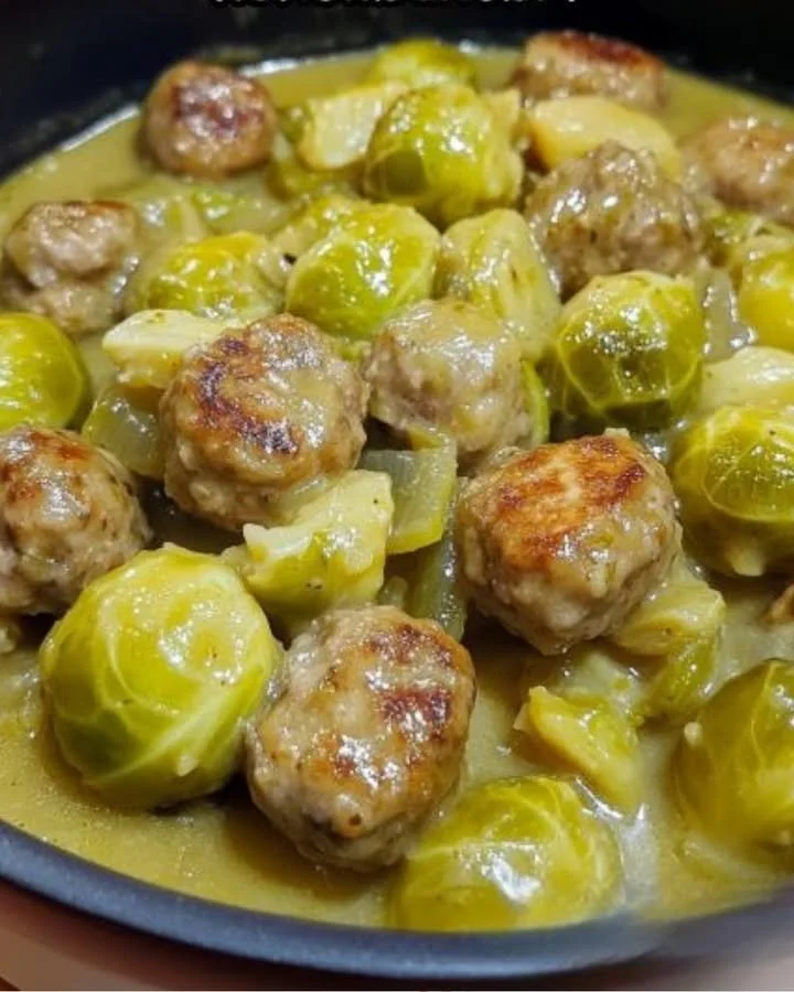 Snel en gezond recept van spruitjes met gehaktballetjes op een bord.