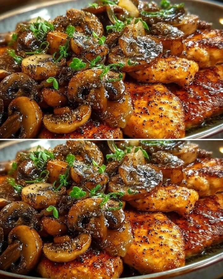 Heerlijke kip met champignons en sojasaus op een bord