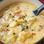 Romige aardappel-baconsoep in een kom, geserveerd met spekjes en kruiden.