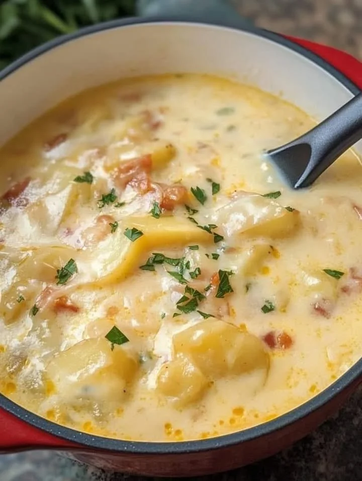 Romige aardappel-baconsoep in een kom, geserveerd met spekjes en kruiden.