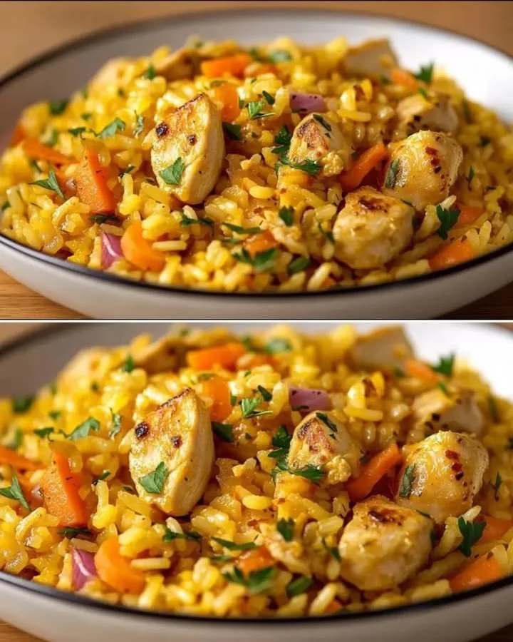 Snel aromatisch recept voor kip en rijst pilaf in een pan.