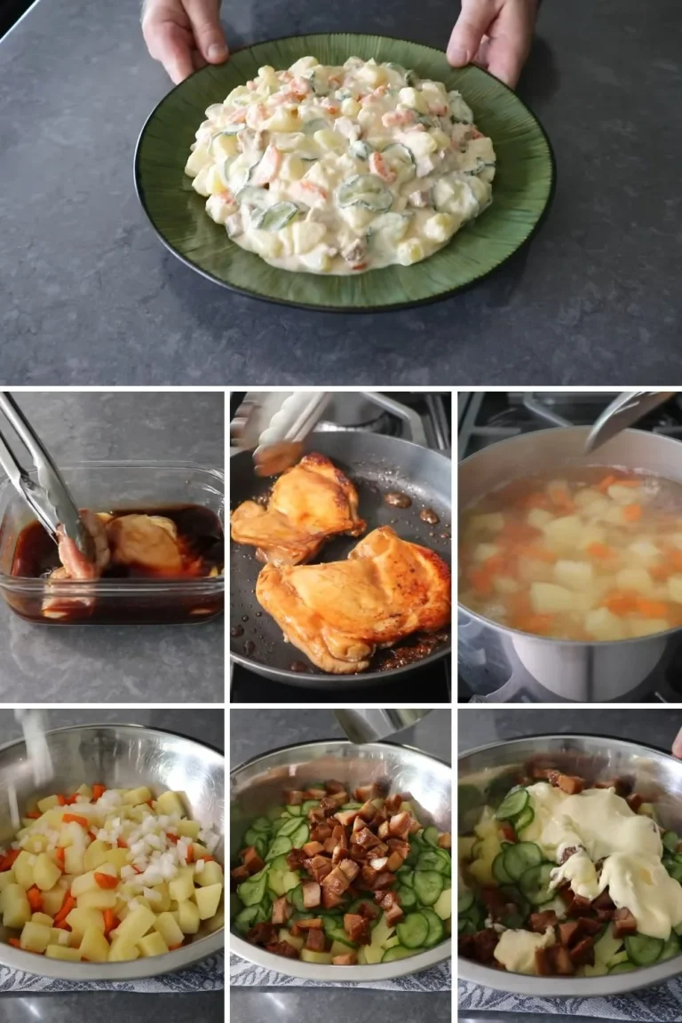 Snelle Japanse aardappelsalade met teriyaki kip, kleurrijk en smakelijk.