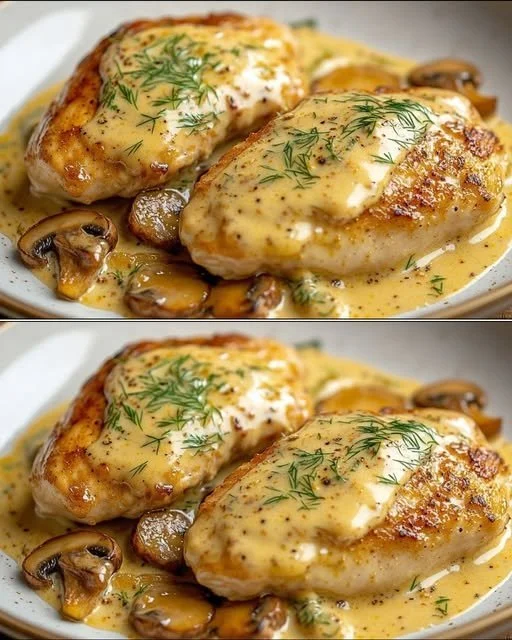 Snelle kip met champignonroomsaus geserveerd met aardappelpuree.