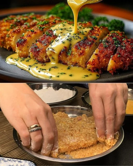Snelle krokante kipschnitzel met romige kaassaus op een bord